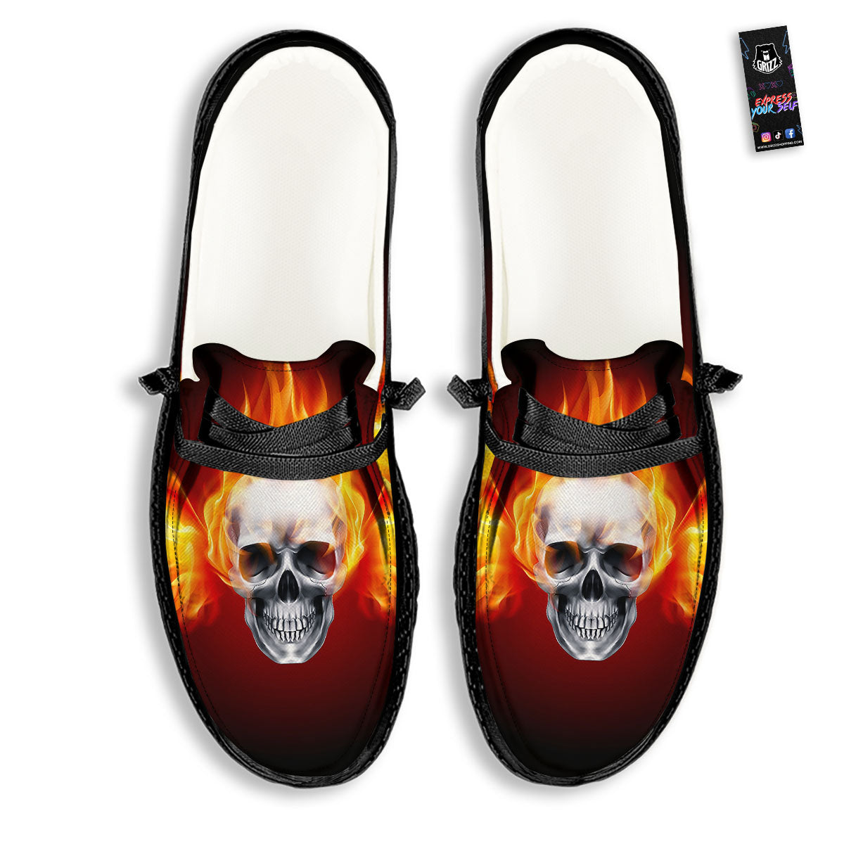 Fire Wings With Flaming Skull Print Black Loafers-grizzshop