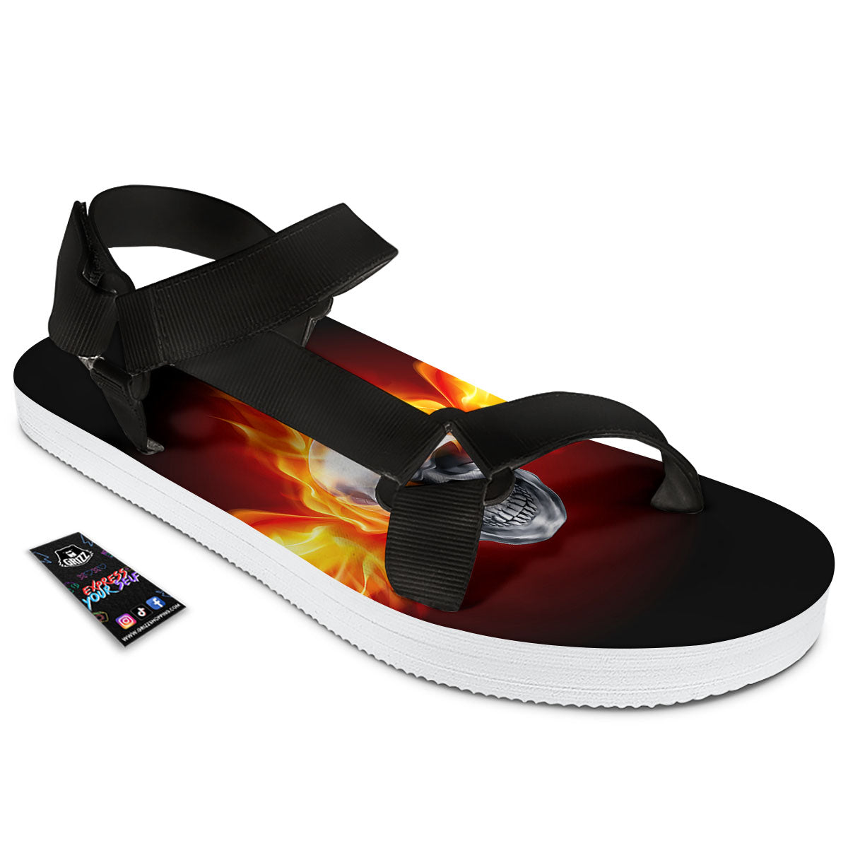 Fire Wings With Flaming Skull Print Black Open Toe Sandals-grizzshop