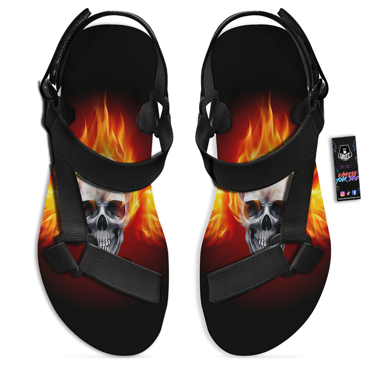 Fire Wings With Flaming Skull Print Black Open Toe Sandals-grizzshop