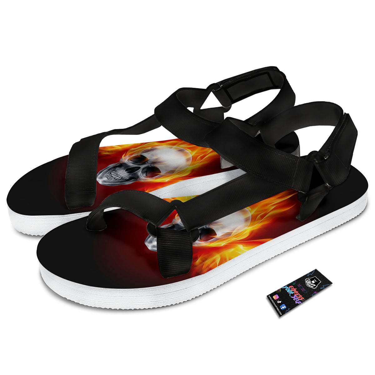 Fire Wings With Flaming Skull Print Black Open Toe Sandals-grizzshop