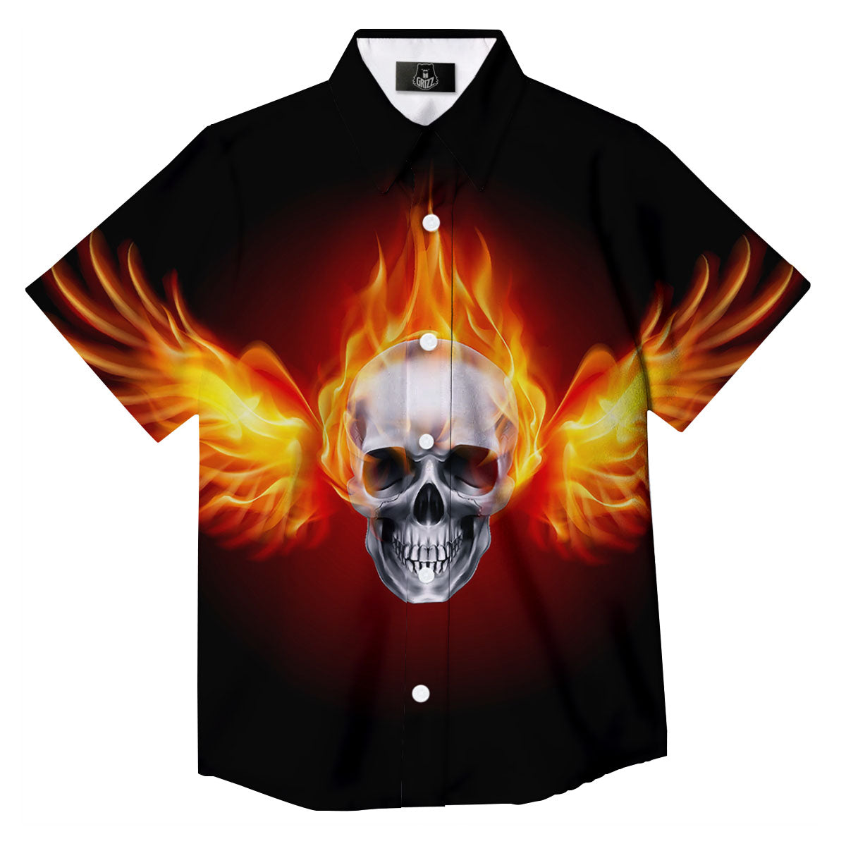 Fire Wings With Flaming Skull Print Button Up Shirt-grizzshop