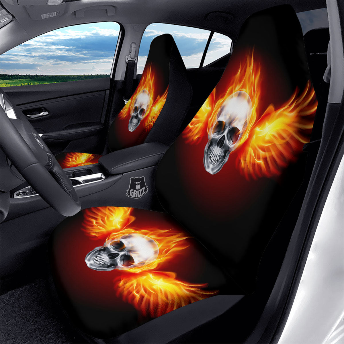 Fire Wings With Flaming Skull Print Car Seat Covers-grizzshop