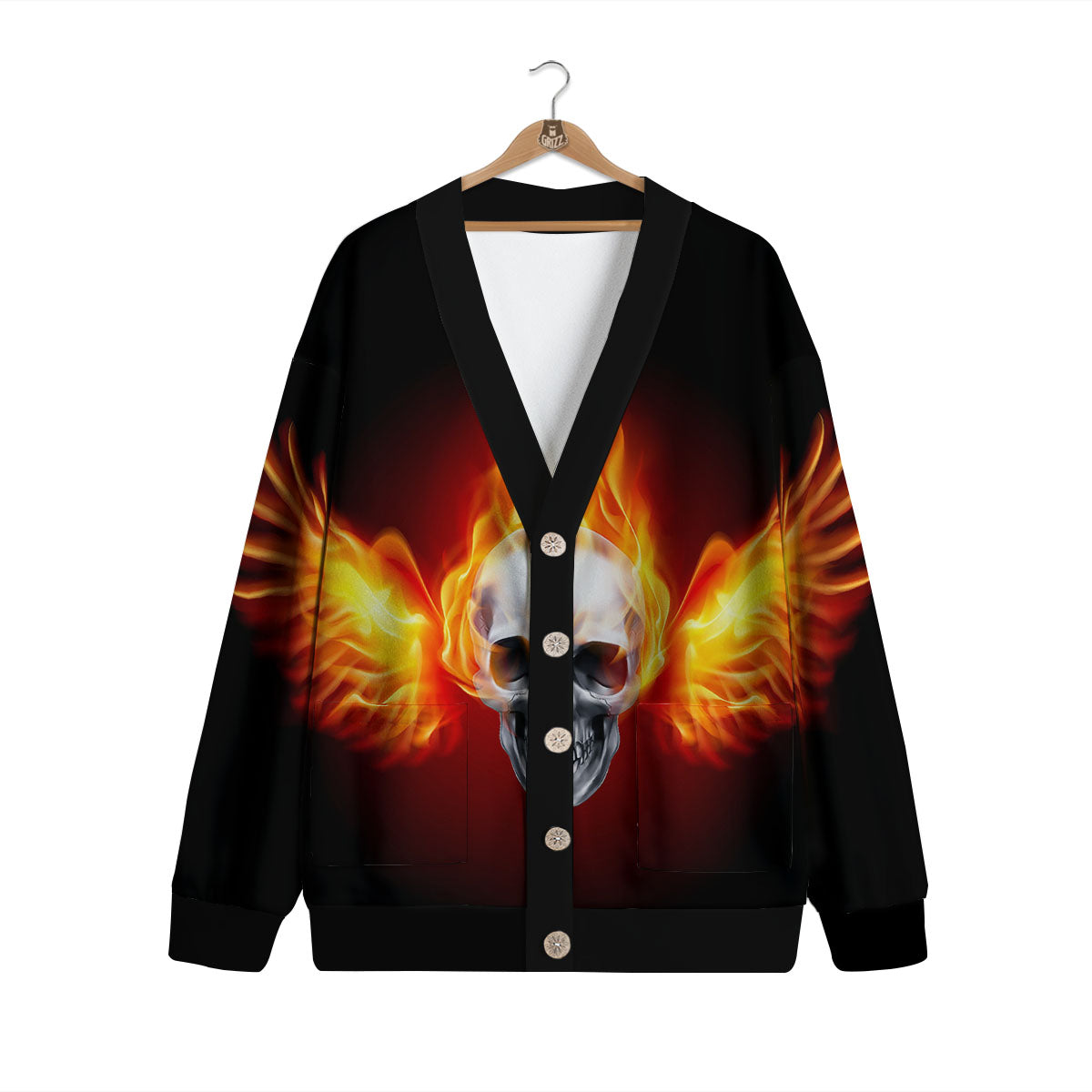Fire Wings With Flaming Skull Print Cardigan-grizzshop