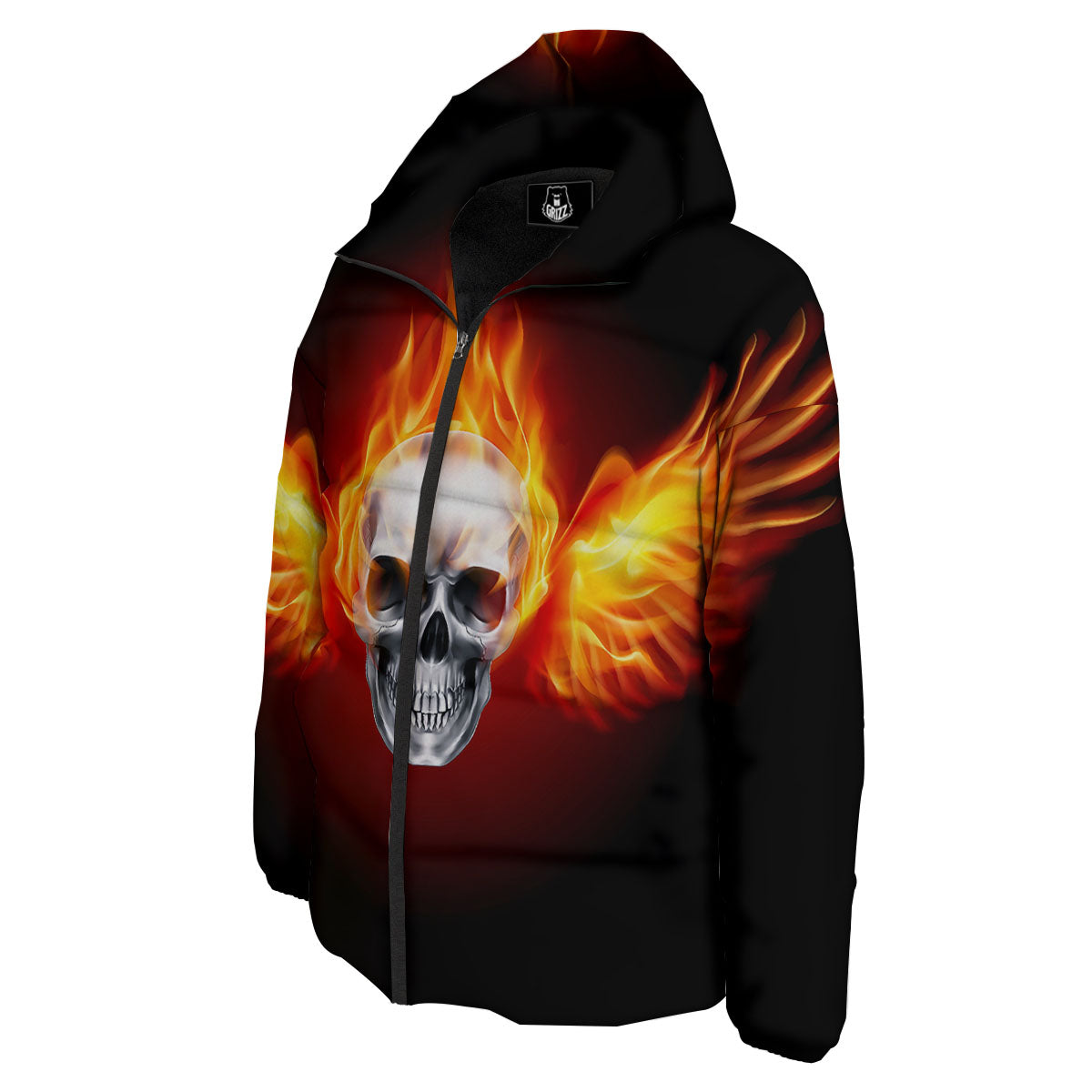 Fire Wings With Flaming Skull Print Down Jacket-grizzshop