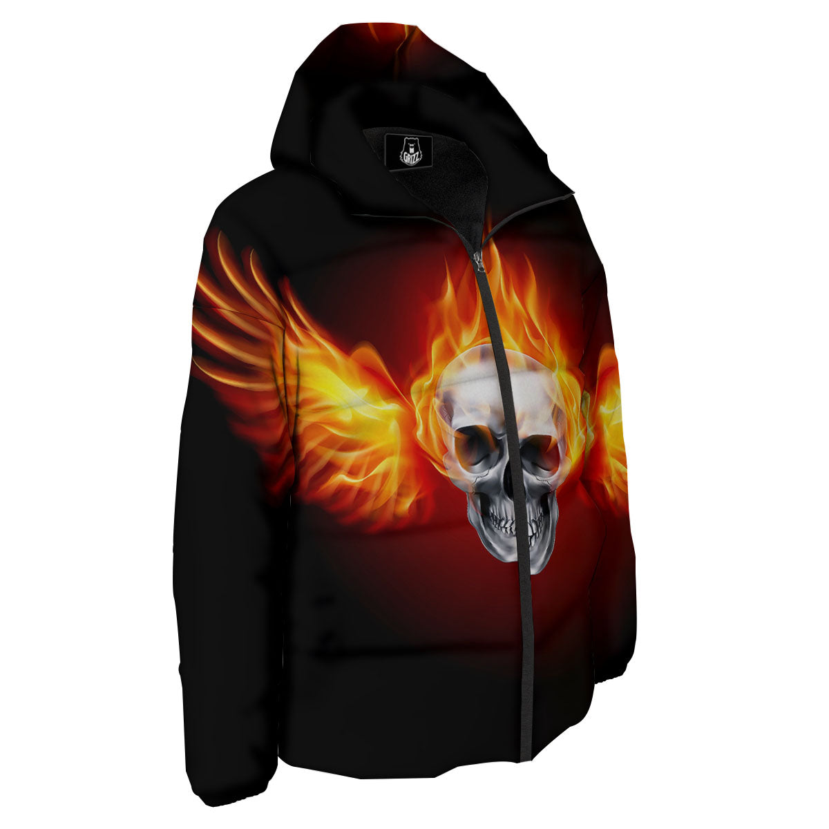 Fire Wings With Flaming Skull Print Down Jacket-grizzshop