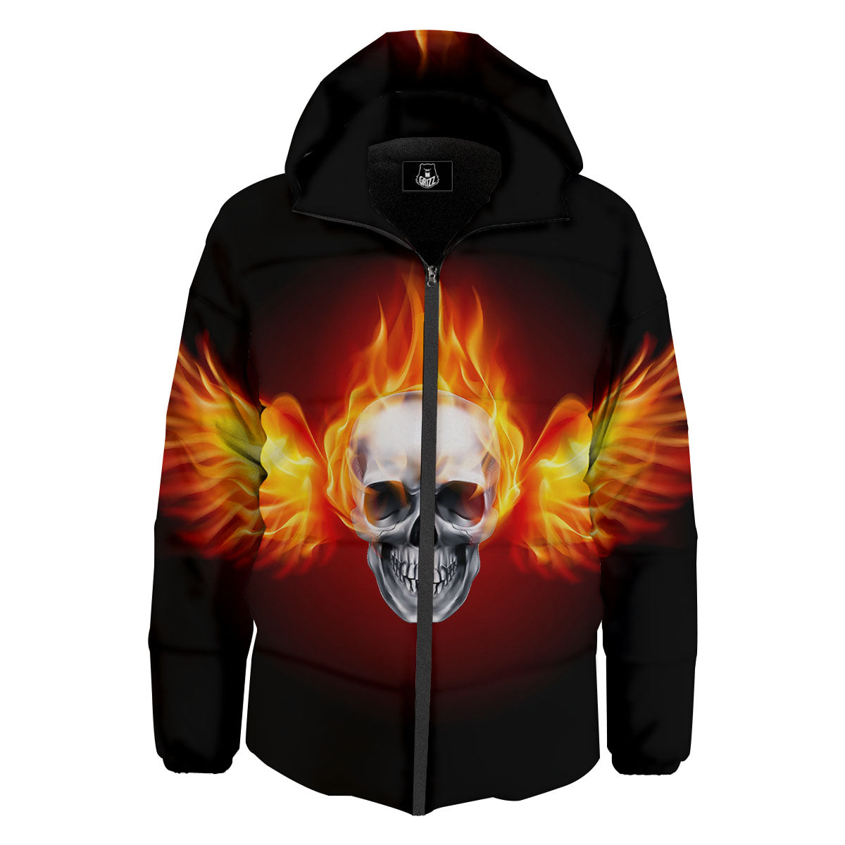 Fire Wings With Flaming Skull Print Down Jacket-grizzshop