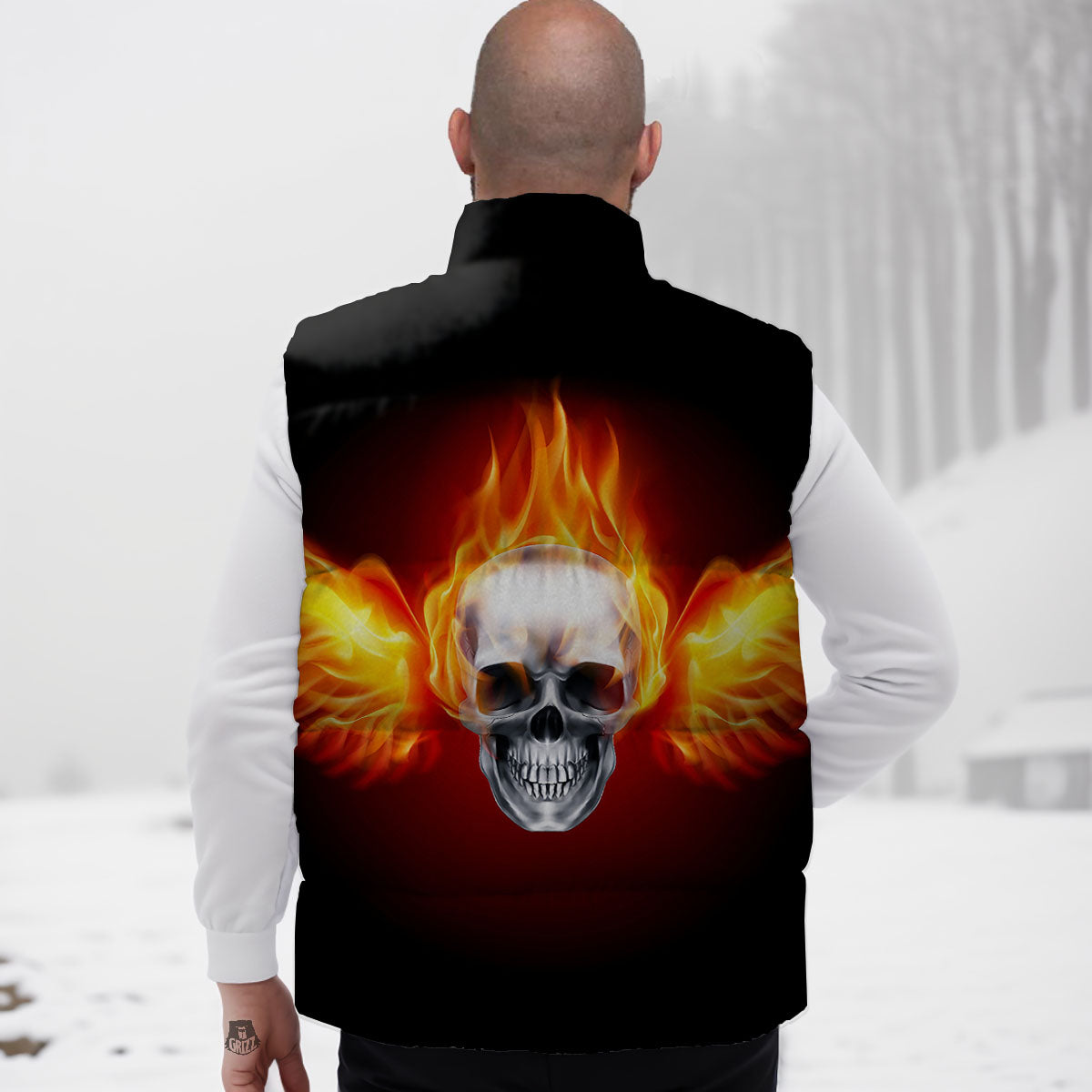 Fire Wings With Flaming Skull Print Down Vest