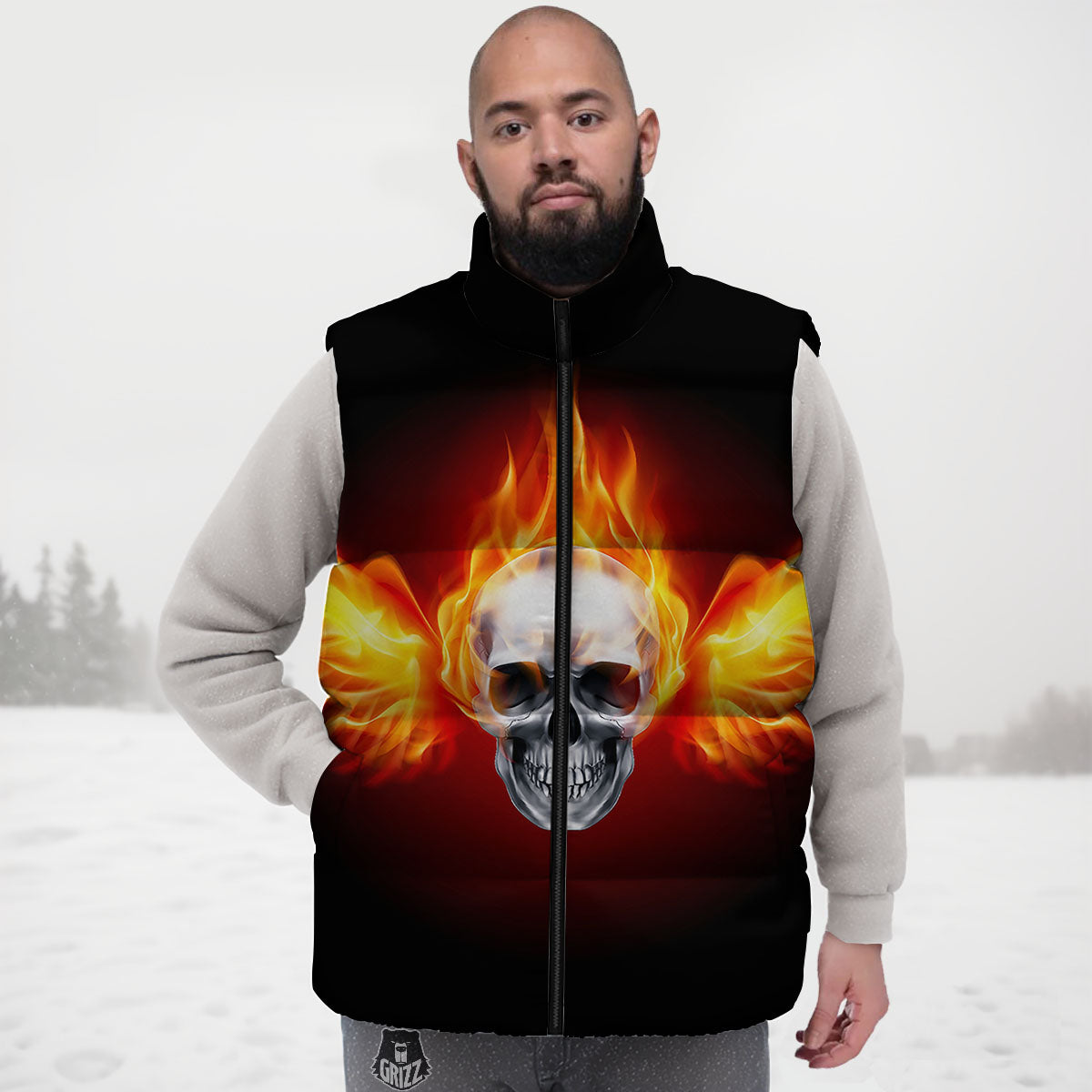 Fire Wings With Flaming Skull Print Down Vest