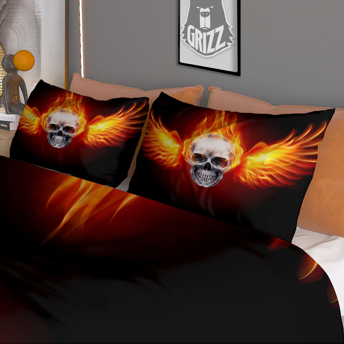 Fire Wings With Flaming Skull Print Duvet Cover Bedding Set