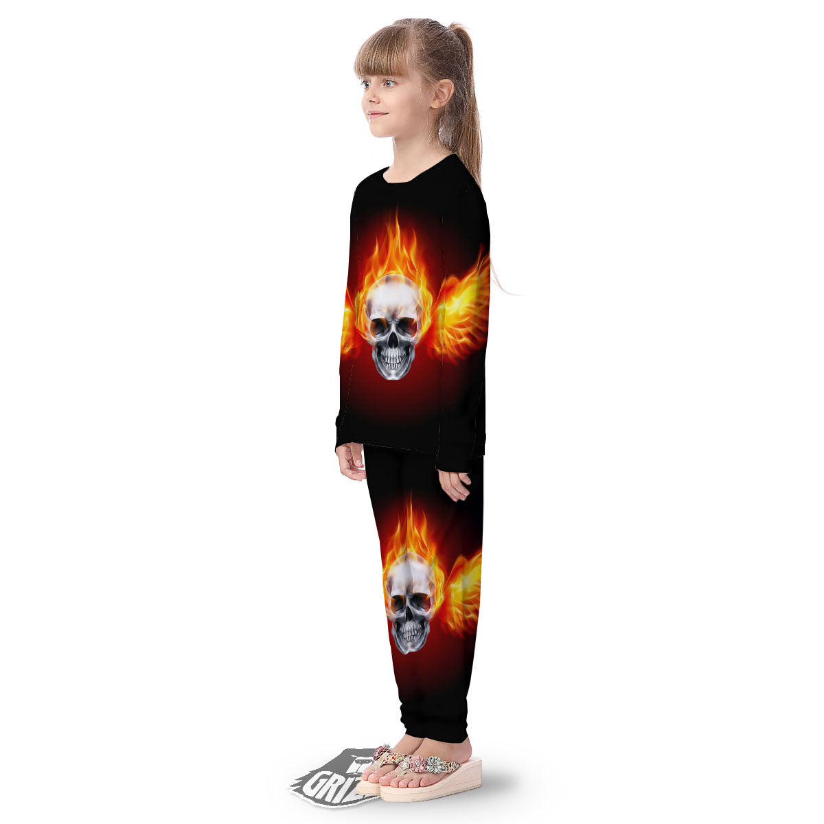 Fire Wings With Flaming Skull Print Kid's Pajamas-grizzshop