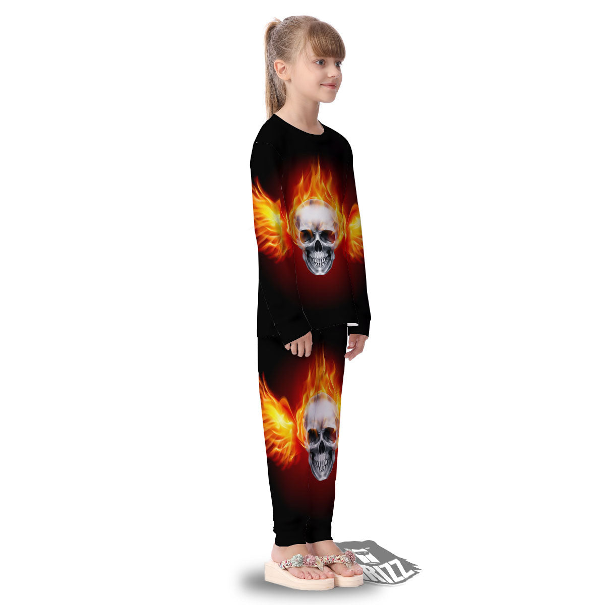 Fire Wings With Flaming Skull Print Kid's Pajamas-grizzshop