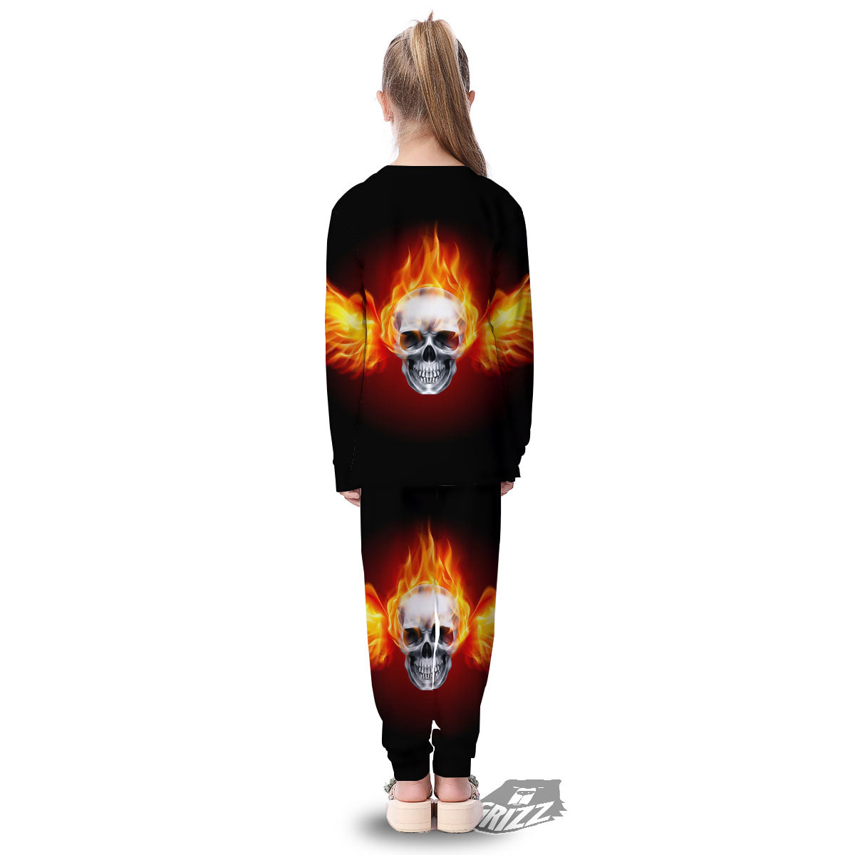 Fire Wings With Flaming Skull Print Kid's Pajamas-grizzshop