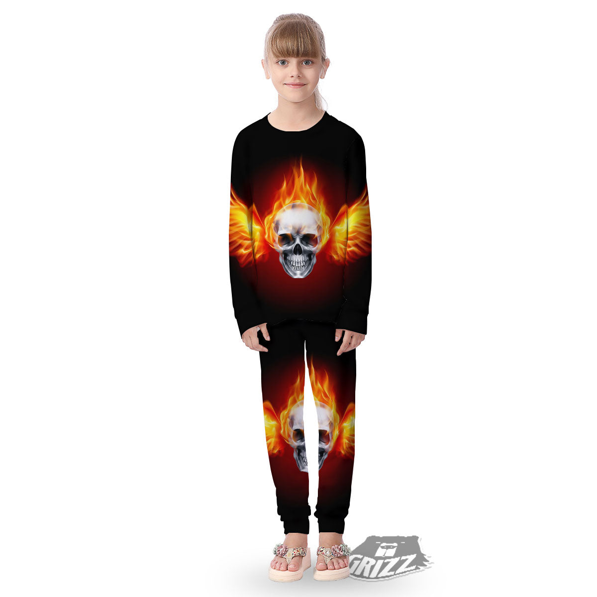 Fire Wings With Flaming Skull Print Kid's Pajamas-grizzshop