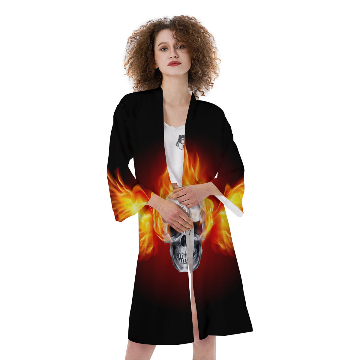 Fire Wings With Flaming Skull Print Kimono-grizzshop
