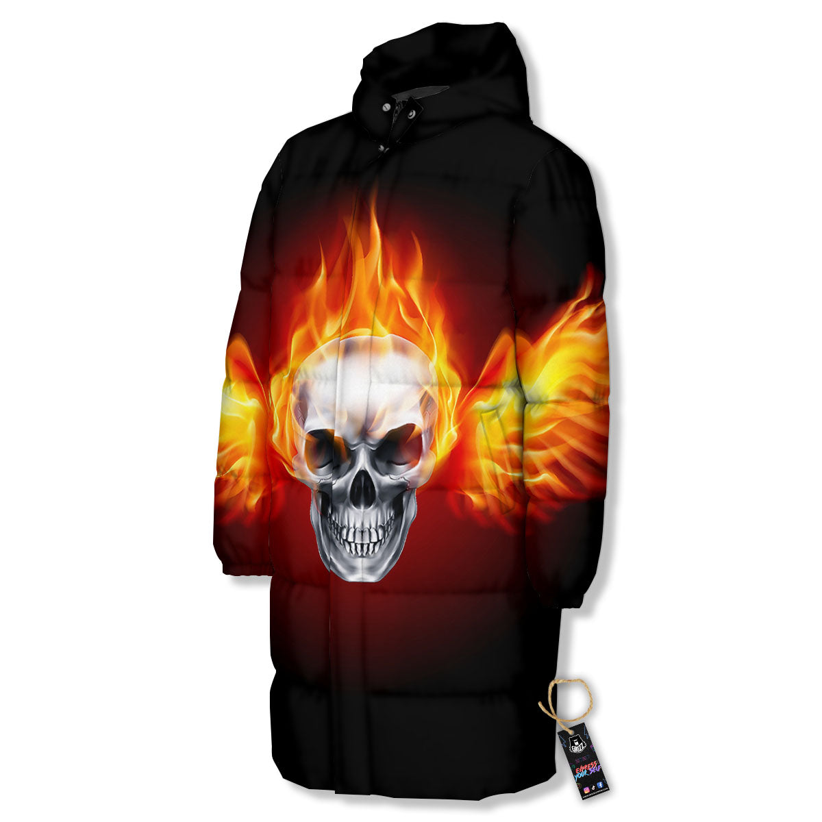 Fire Wings With Flaming Skull Print Long Down Jacket-grizzshop
