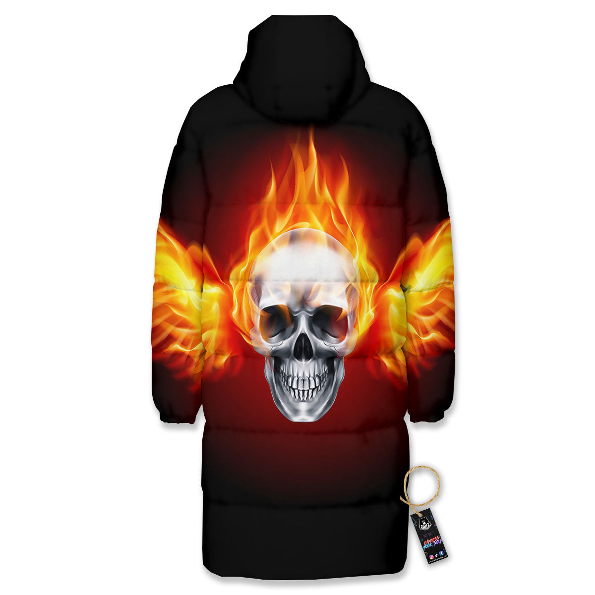 Fire Wings With Flaming Skull Print Long Down Jacket-grizzshop