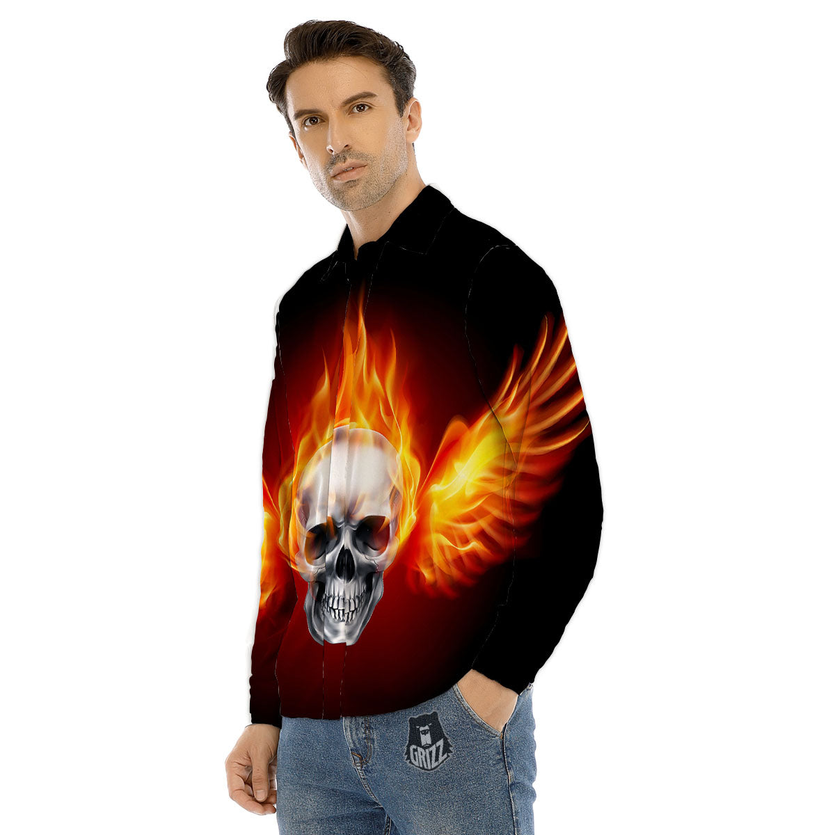 Fire Wings With Flaming Skull Print Men's Dress Shirts-grizzshop