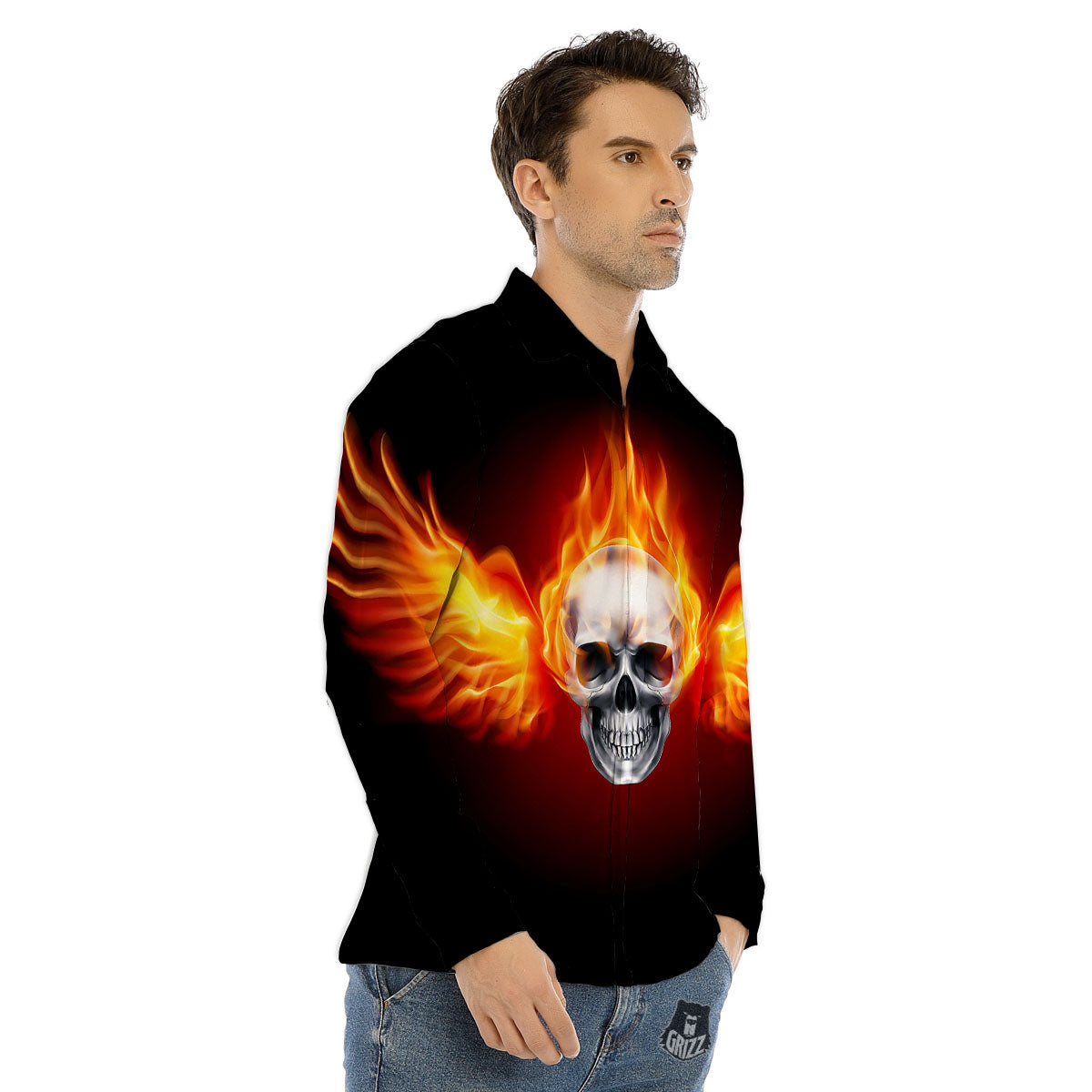 Fire Wings With Flaming Skull Print Men's Dress Shirts-grizzshop