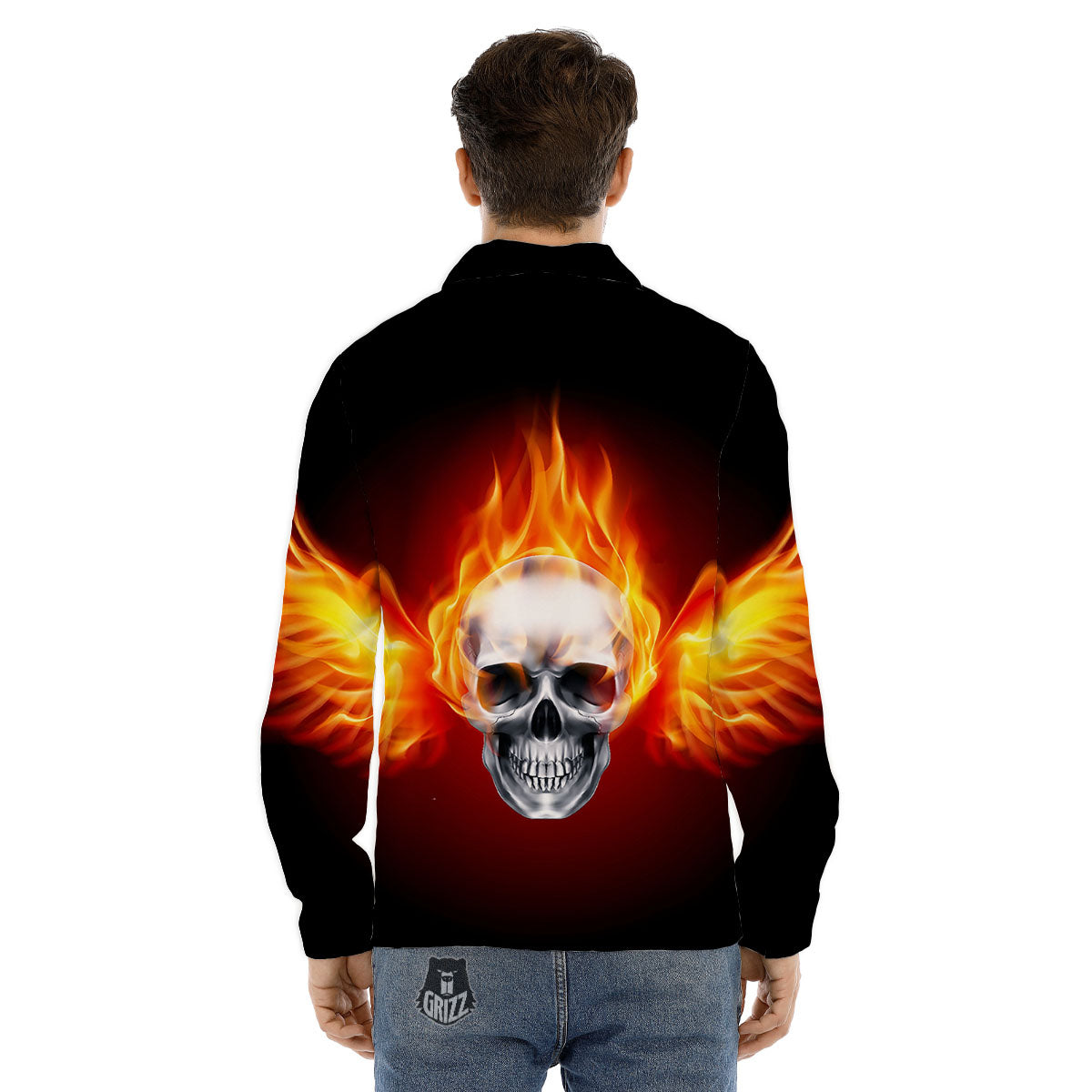 Fire Wings With Flaming Skull Print Men's Dress Shirts-grizzshop