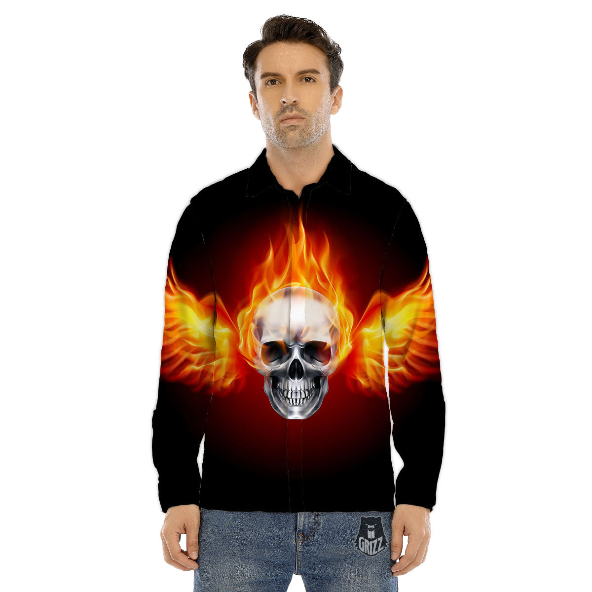Fire Wings With Flaming Skull Print Men's Dress Shirts-grizzshop