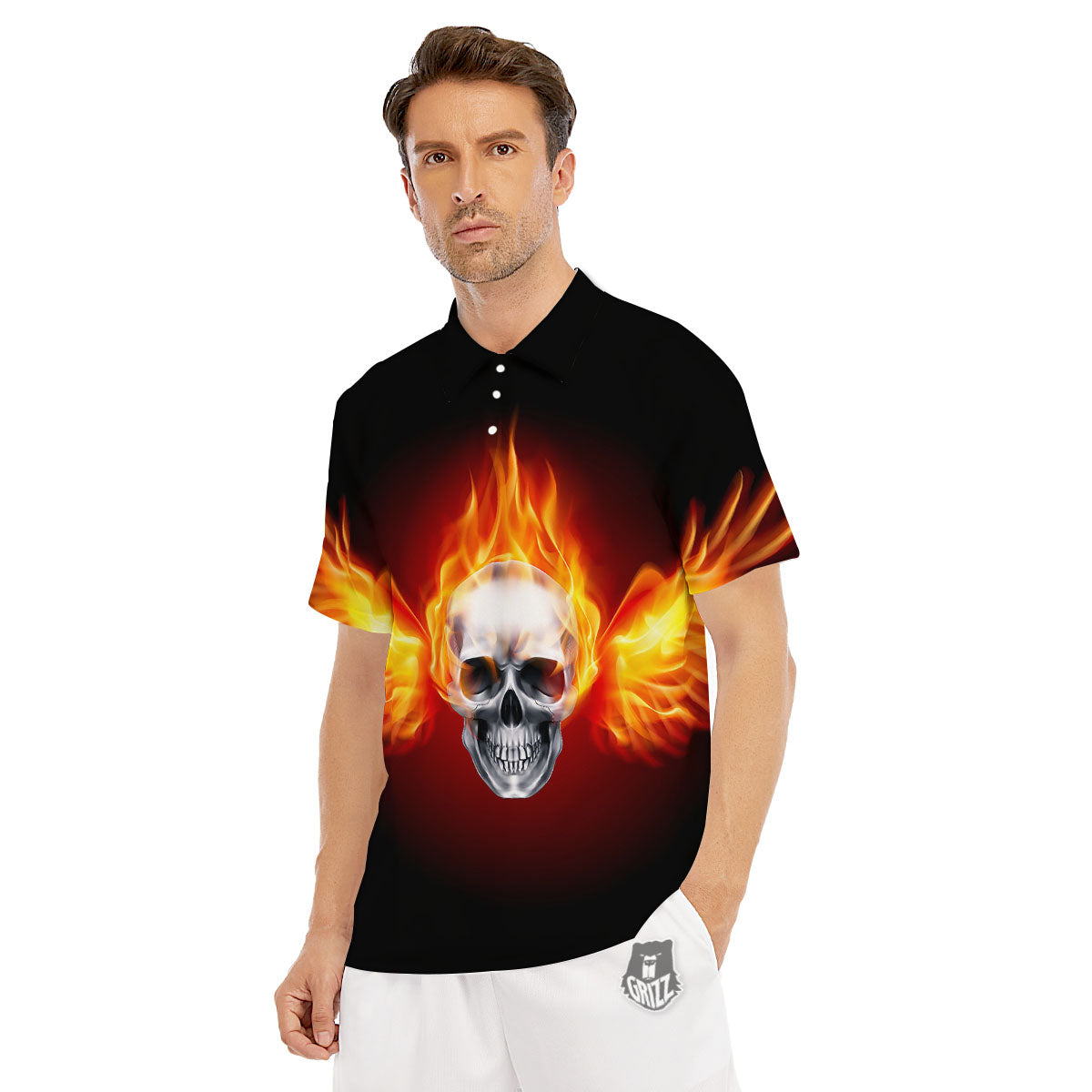 Fire Wings With Flaming Skull Print Men's Golf Shirts-grizzshop