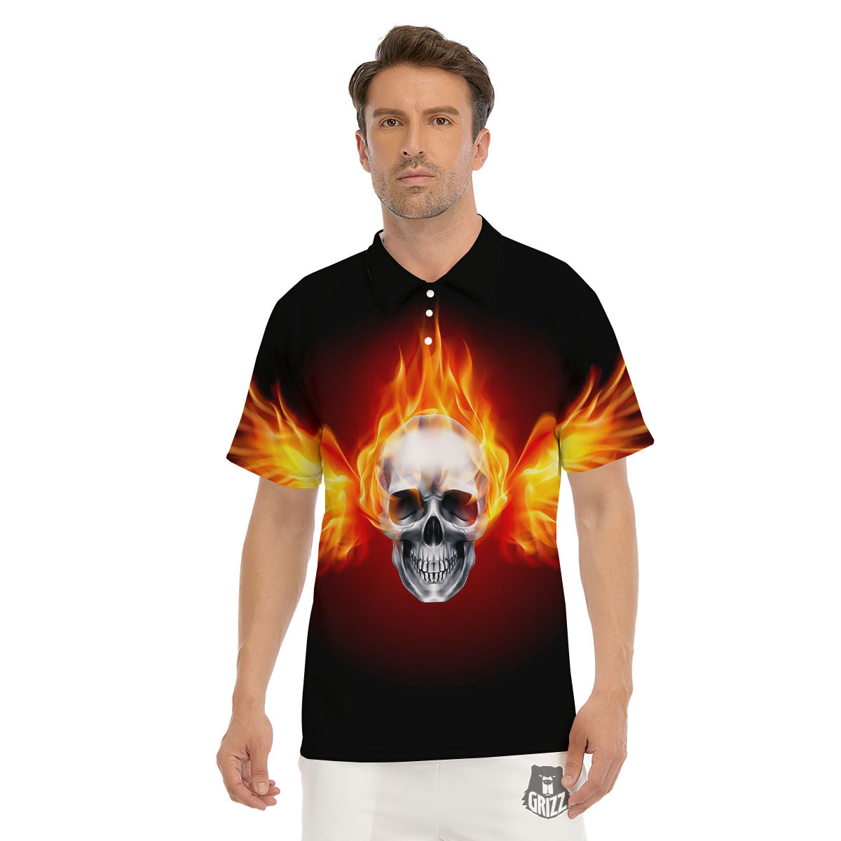 Fire Wings With Flaming Skull Print Men's Golf Shirts-grizzshop