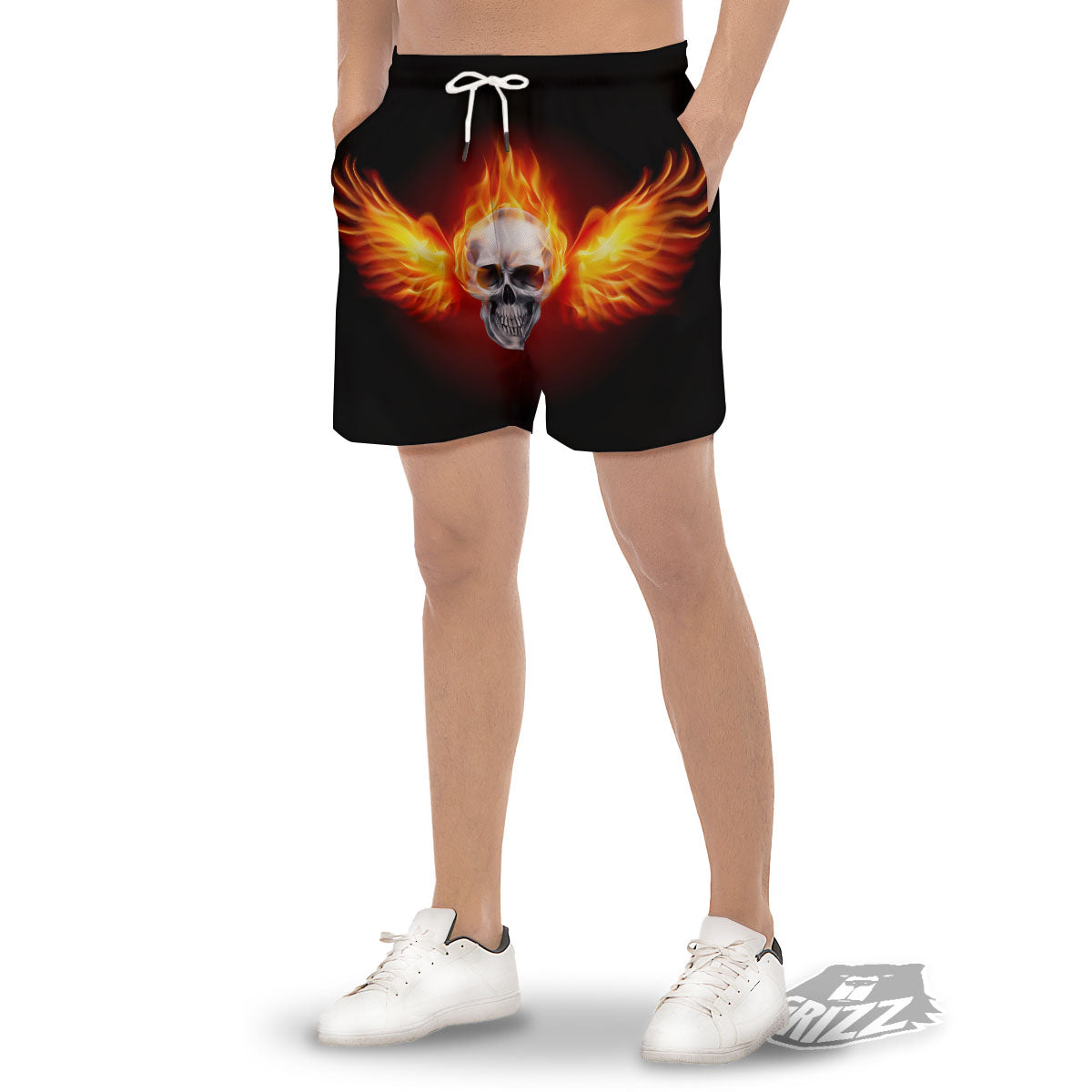 Fire Wings With Flaming Skull Print Men's Gym Shorts-grizzshop