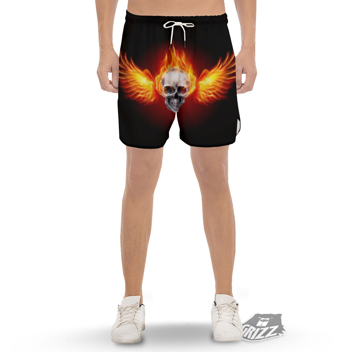 Fire Wings With Flaming Skull Print Men's Gym Shorts-grizzshop