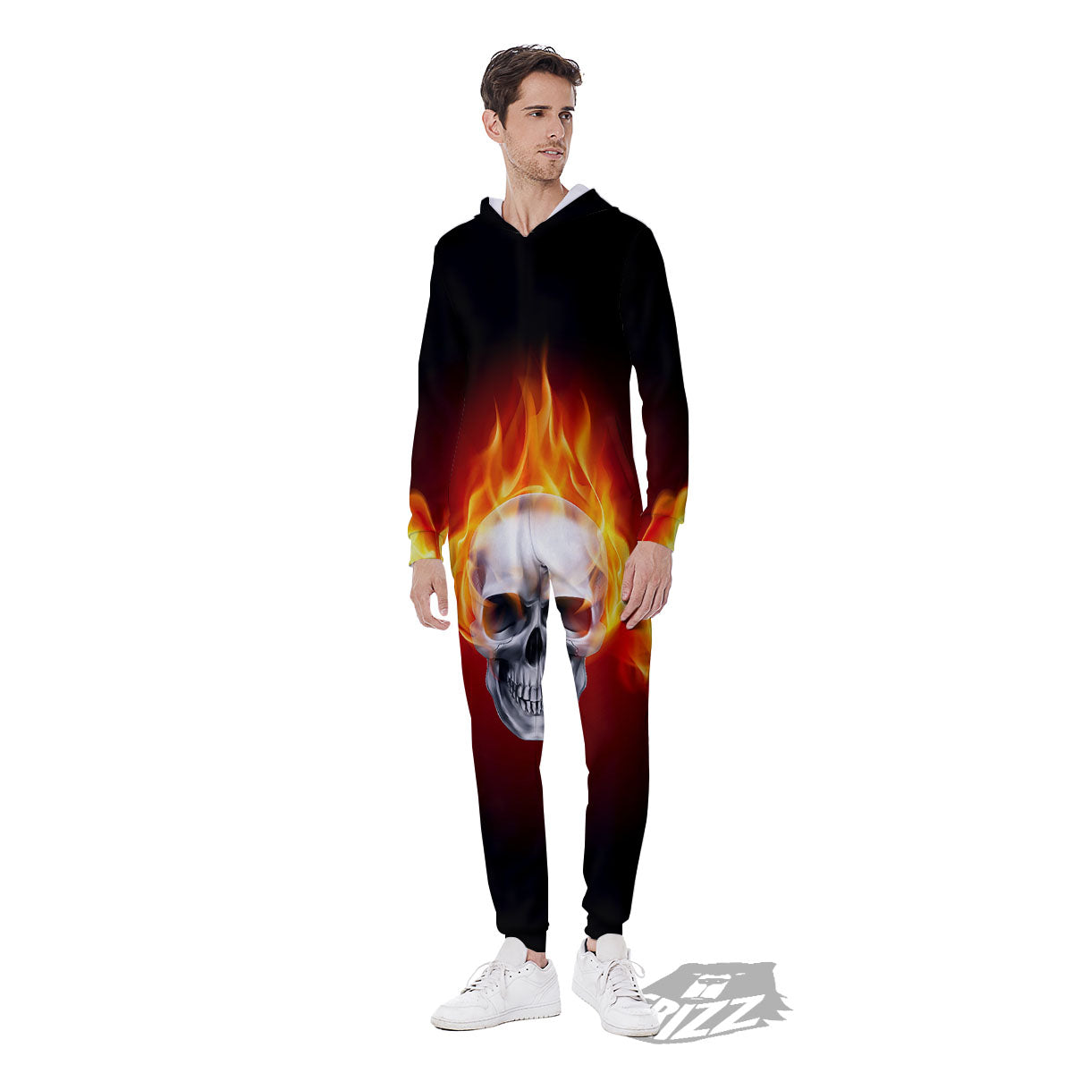 Fire Wings With Flaming Skull Print Men's Jumpsuit-grizzshop