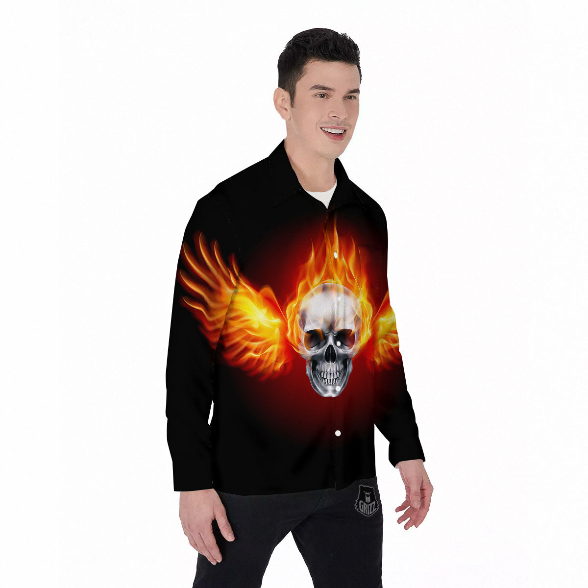 Fire Wings With Flaming Skull Print Men's Long Sleeve Shirts-grizzshop