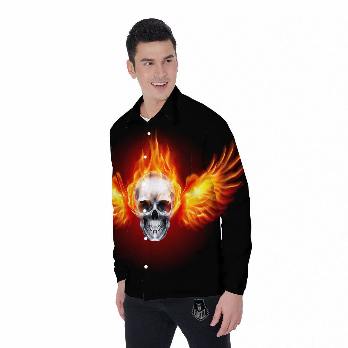 Fire Wings With Flaming Skull Print Men's Long Sleeve Shirts-grizzshop