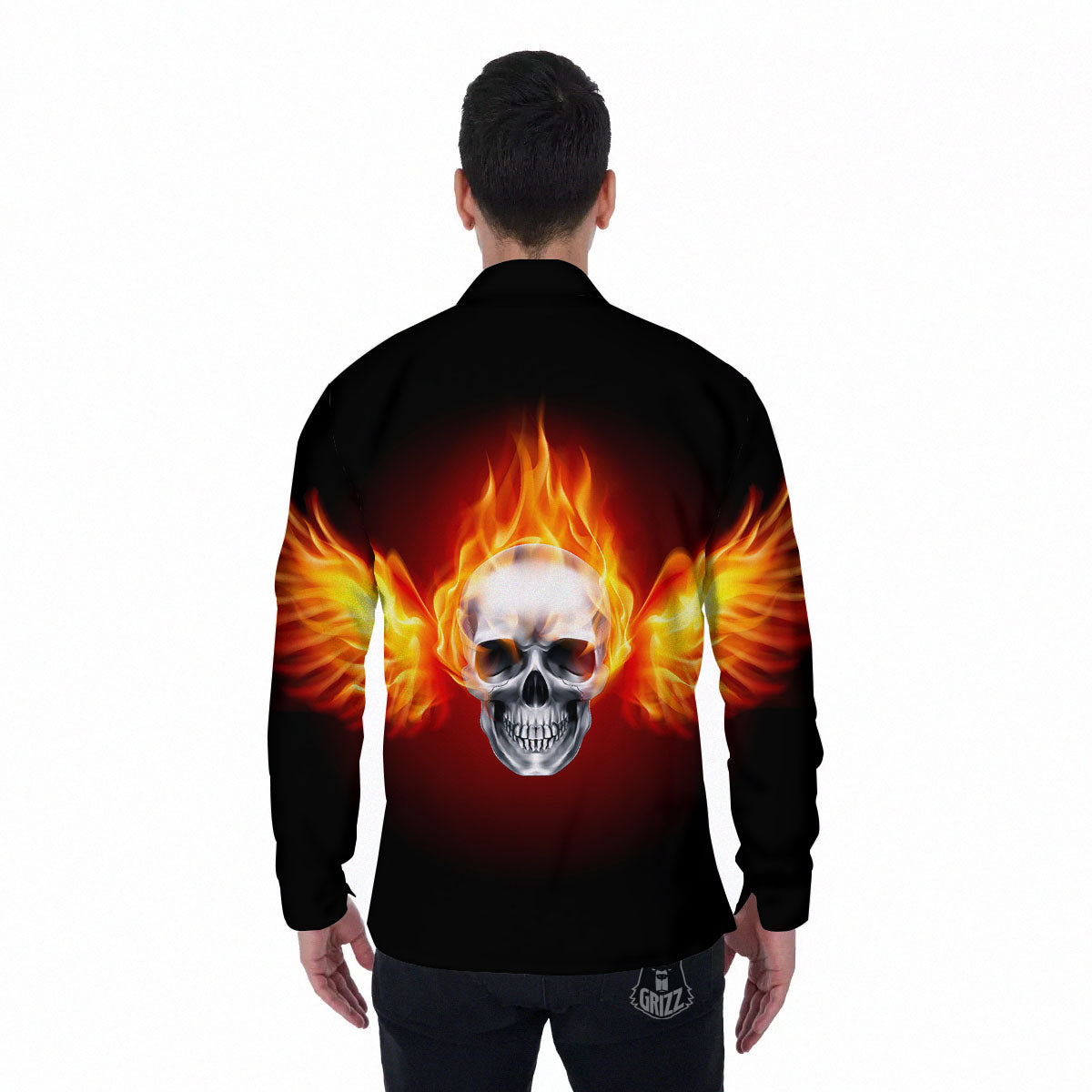 Fire Wings With Flaming Skull Print Men's Long Sleeve Shirts-grizzshop