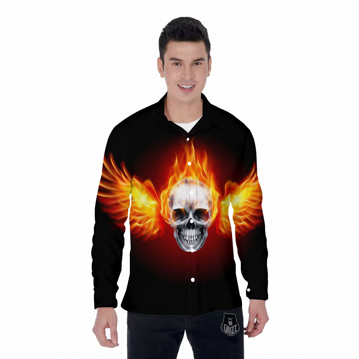 Fire Wings With Flaming Skull Print Men's Long Sleeve Shirts-grizzshop