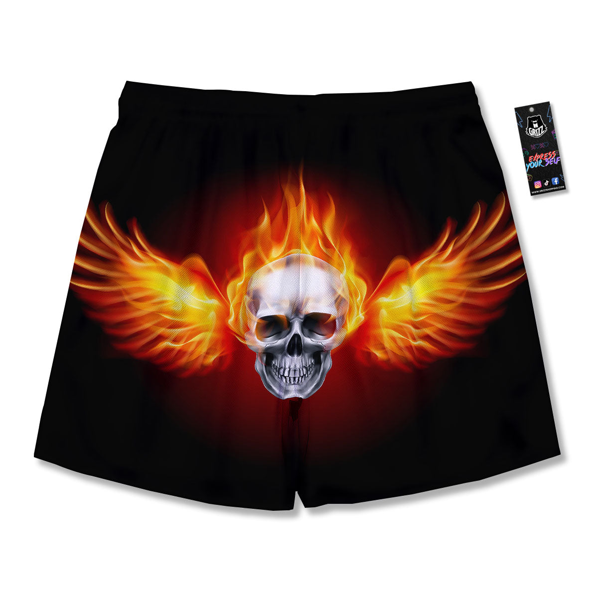 Fire Wings With Flaming Skull Print Men's Running Shorts-grizzshop