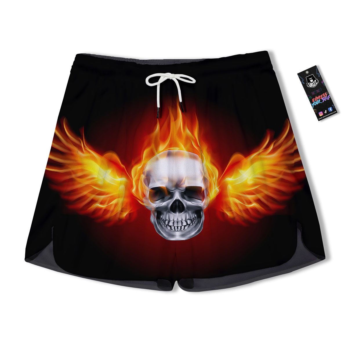 Fire Wings With Flaming Skull Print Men's Running Shorts-grizzshop