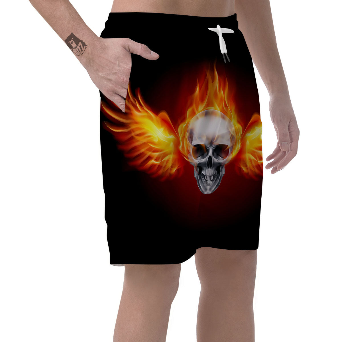Fire Wings With Flaming Skull Print Men's Shorts-grizzshop
