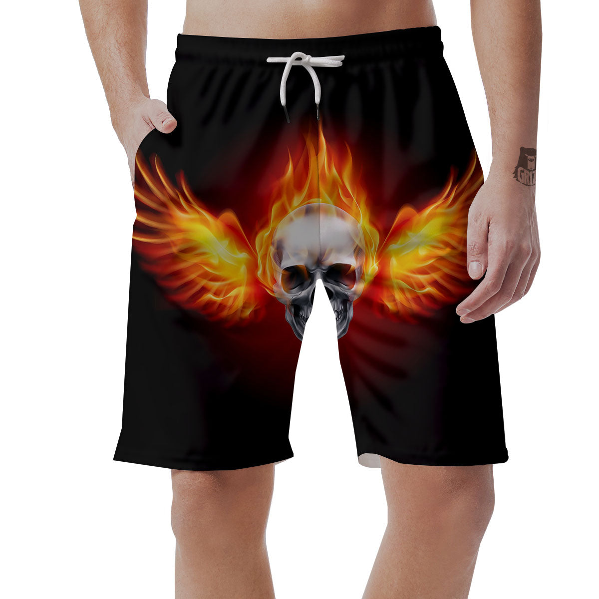 Fire Wings With Flaming Skull Print Men's Shorts-grizzshop
