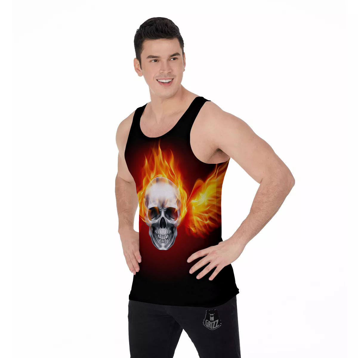 Fire Wings With Flaming Skull Print Men's Tank Top-grizzshop