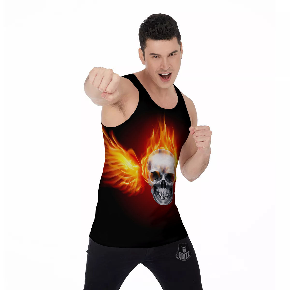 Fire Wings With Flaming Skull Print Men's Tank Top-grizzshop