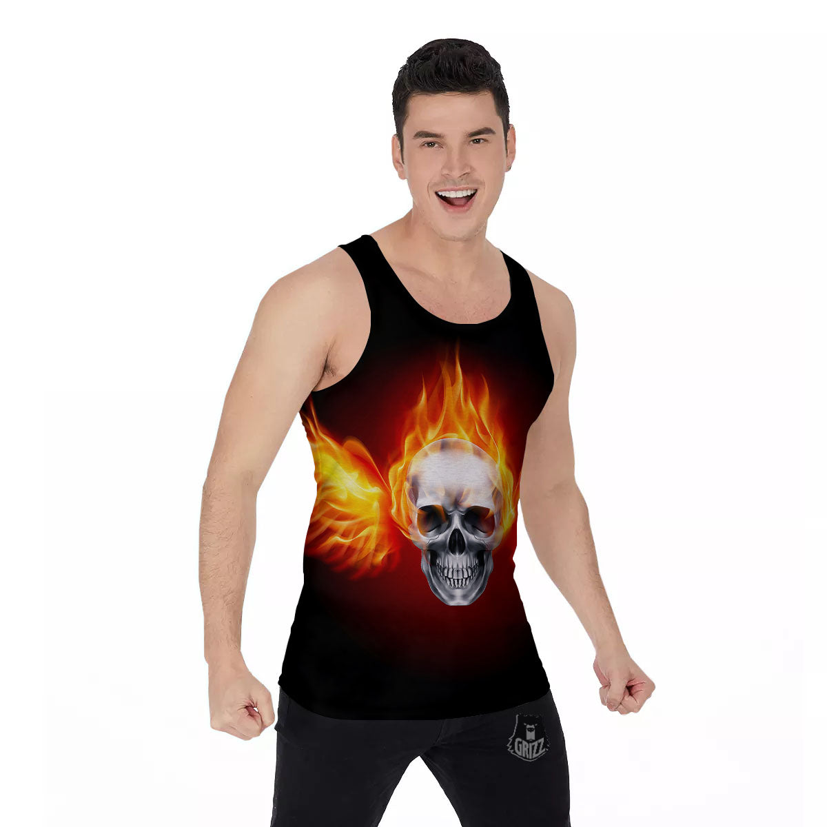 Fire Wings With Flaming Skull Print Men's Tank Top-grizzshop