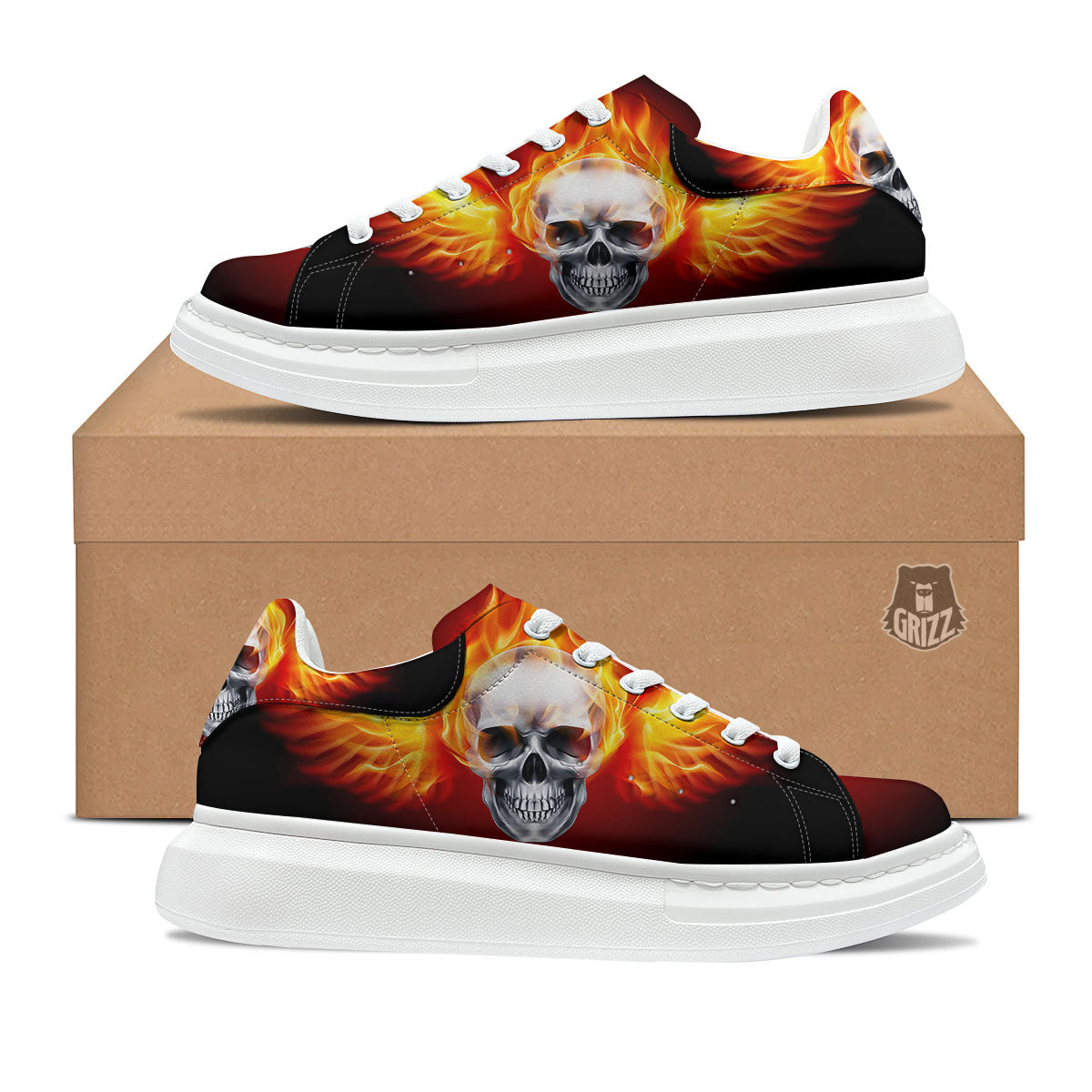 Fire Wings With Flaming Skull Print Platform Shoes-grizzshop