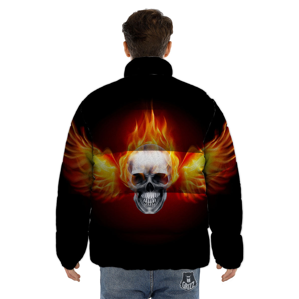 Fire Wings With Flaming Skull Print Puffer Jacket-grizzshop