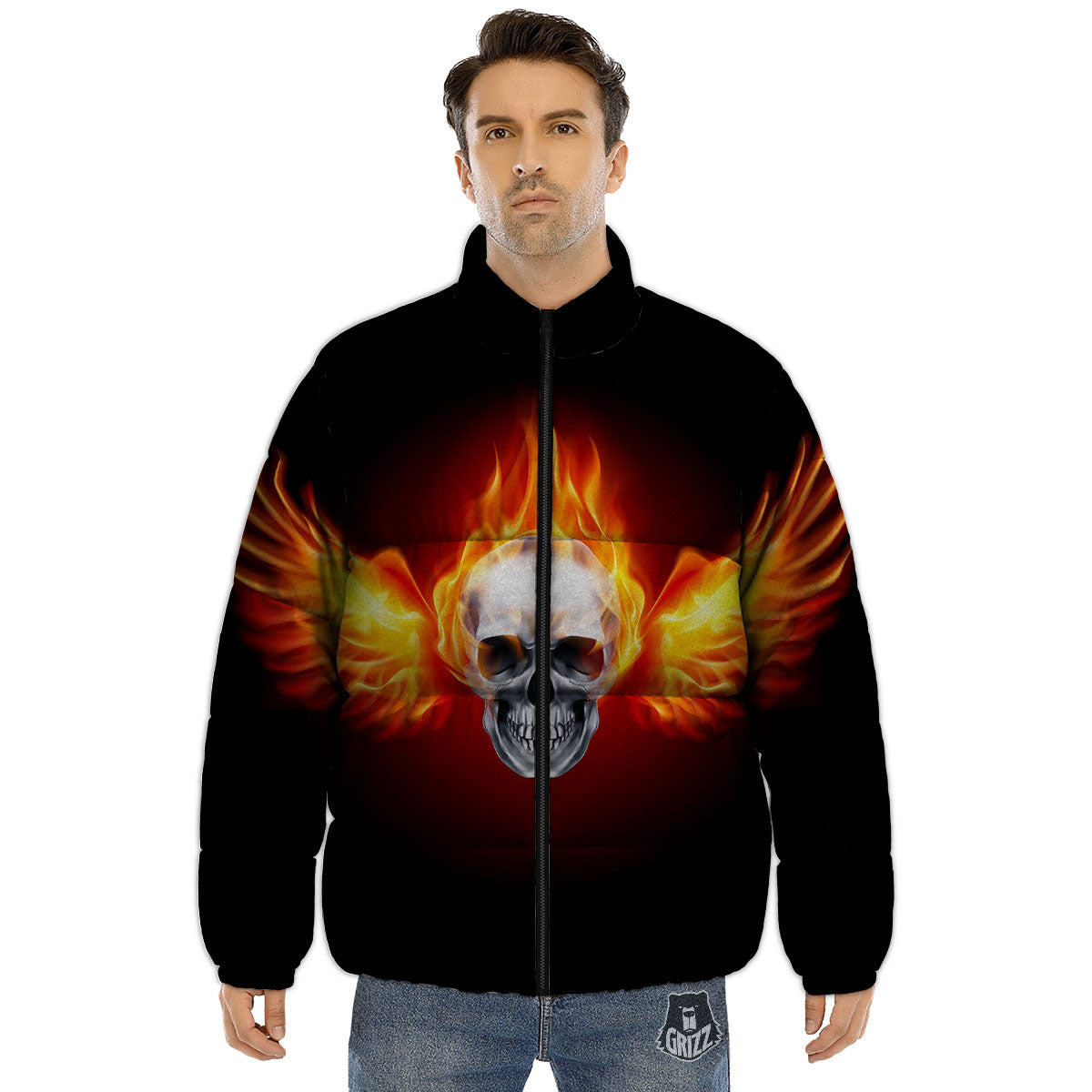 Fire Wings With Flaming Skull Print Puffer Jacket-grizzshop