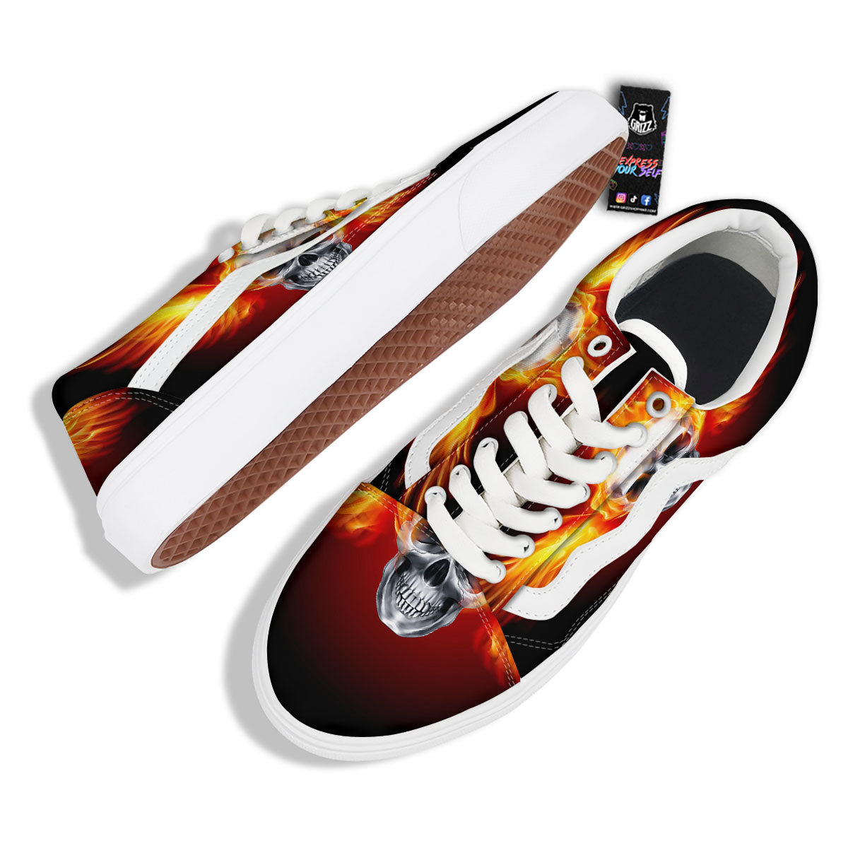Fire Wings With Flaming Skull Print Skate Shoes-grizzshop