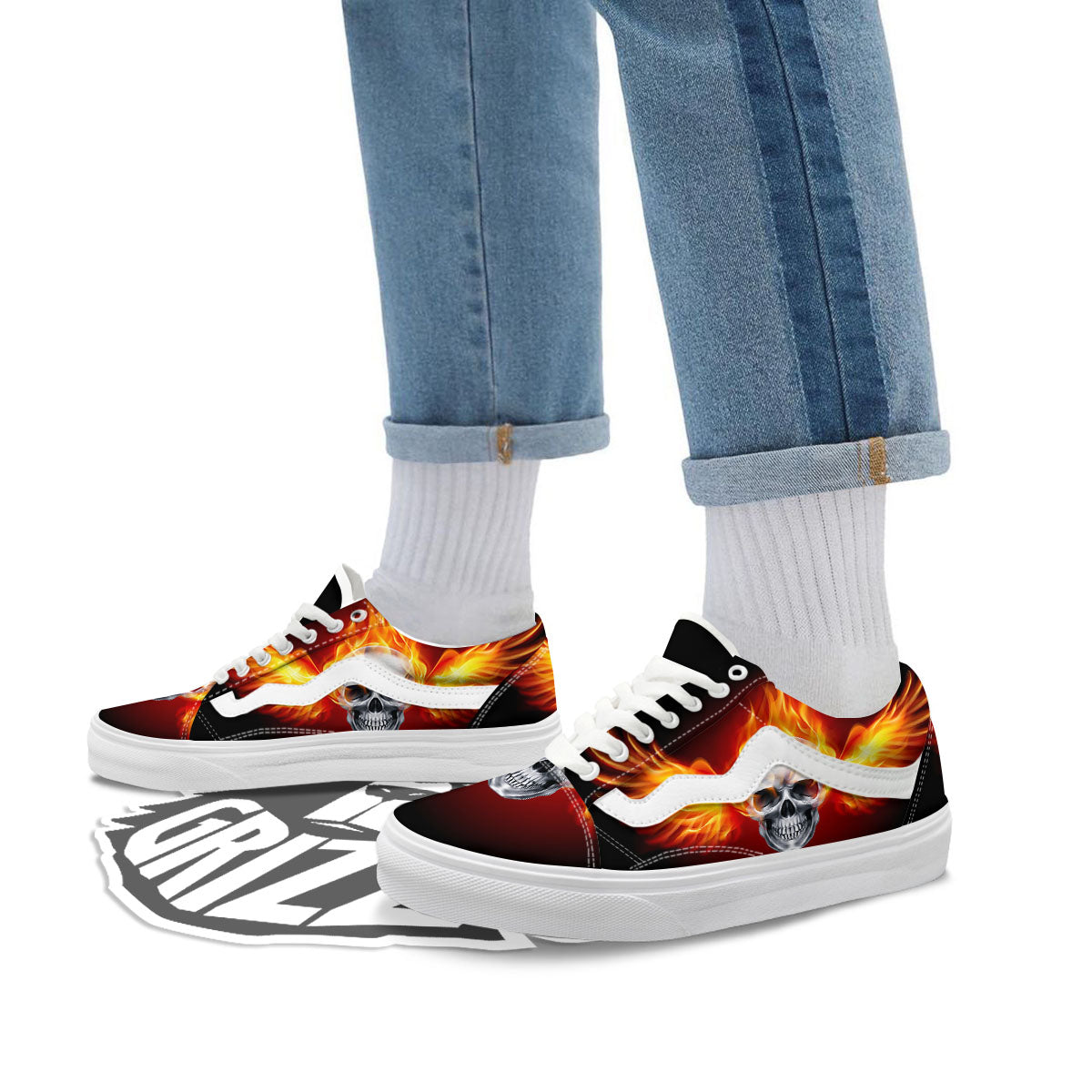 Fire Wings With Flaming Skull Print Skate Shoes-grizzshop
