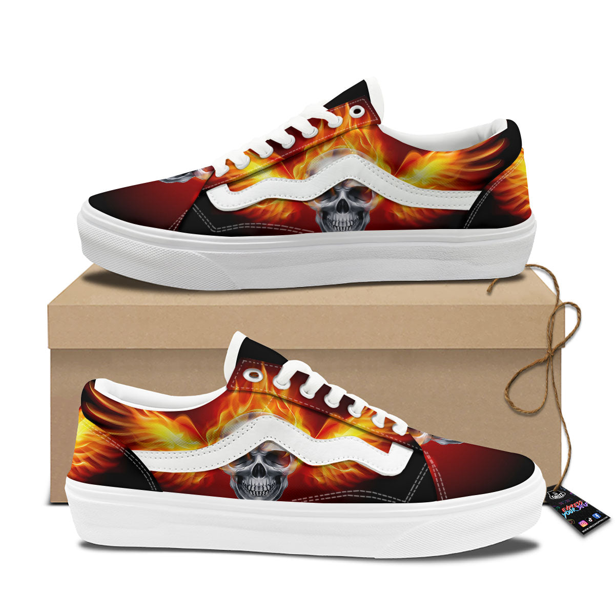 Fire Wings With Flaming Skull Print Skate Shoes-grizzshop