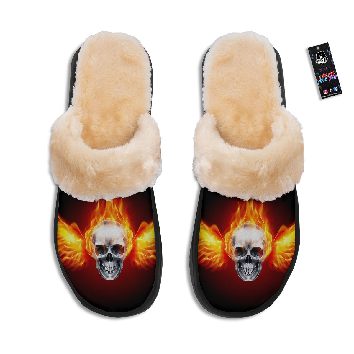 Fire Wings With Flaming Skull Print Slippers-grizzshop
