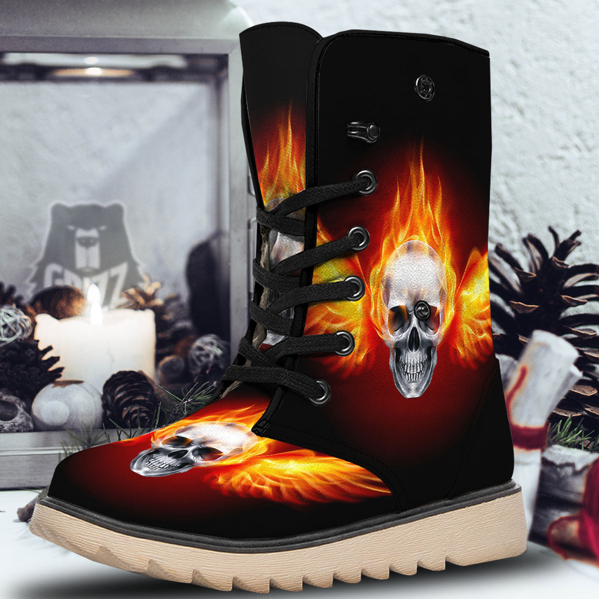 Fire Wings With Flaming Skull Print Snow Boots-grizzshop