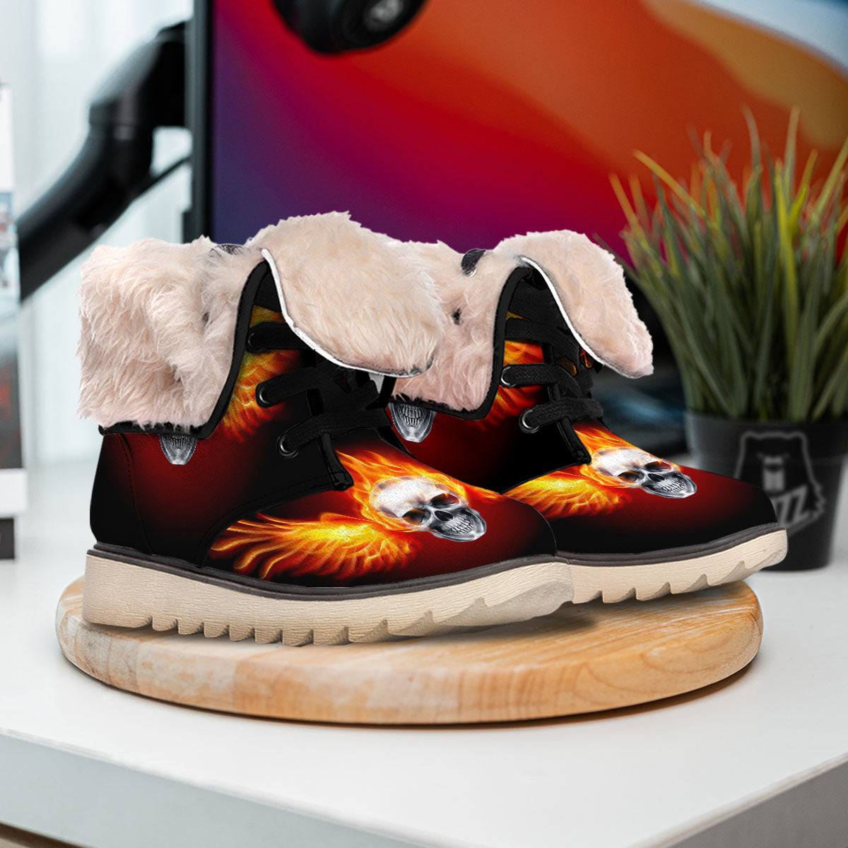 Fire Wings With Flaming Skull Print Snow Boots-grizzshop