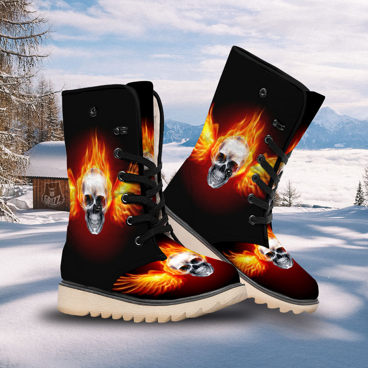 Fire Wings With Flaming Skull Print Snow Boots-grizzshop